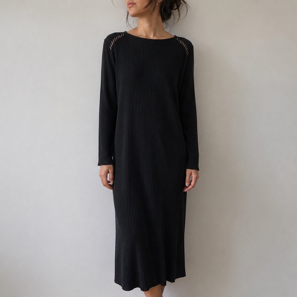 Vintage Chelsea Studio Black Ribbed Knit Maxi Dress Large Minimalist Academia